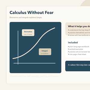 May include: A teal and white graphic from a calculus workbook titled "Calculus Without Fear." The image includes a graph illustrating derivatives and integrals, with text boxes labeling "Derivative" and "Integral." Additional text lists included items and benefits.