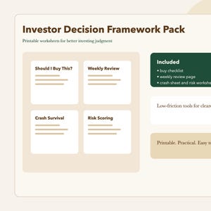 Op de afbeelding: Een beige en witte afbeelding met de tekst "Investor Decision Framework Pack" en "Printable worksheets for better investing judgment." De afbeelding bevat vier secties: "Should I Buy This?", "Weekly Review", "Crash Survival" en "Risk Scoring."