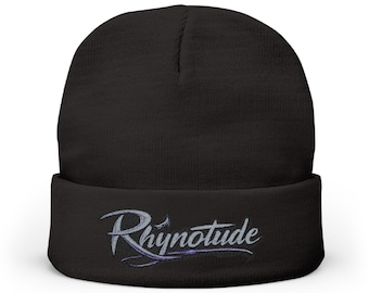 Rhynotude Script Logo Knit Beanie, Embroidered Cuffed Hat