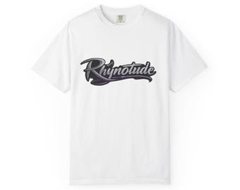 Rhynotude Script Logo T-shirt | The Rhyno Herd V3 Shield Backprint
