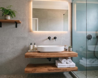 Estante flotante de madera maciza / Soporte moderno para lavabo de baño, unidad de estante de pared, encimera para lavabo sobre encimera