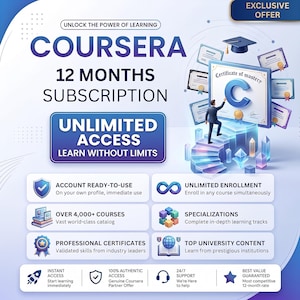 Couresera Plus 1-Year Unlimited Learning Access 4,500+ Courses Professional Certificates Included Coursera