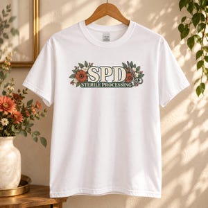Floral Sterile Processing Shirt, SPD Technician Tee, Botanical Scissors Design, Gildan 5000