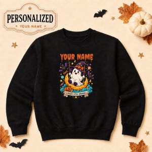 Personalized Girls Halloween Sweatshirt, Ghost Moon Crewneck with Custom Name, Spooky Little Dreamer