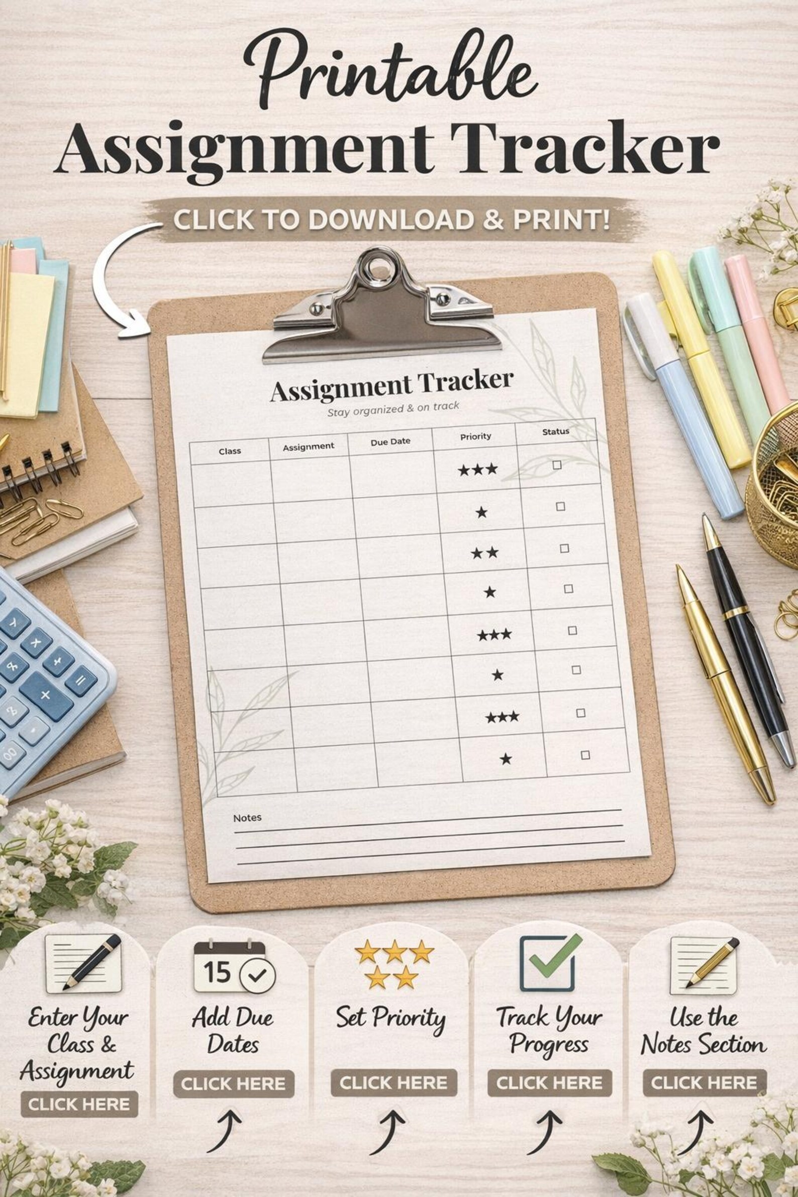 Printable Assignment Tracker | Student Planner PDF | Homework Organizer ...