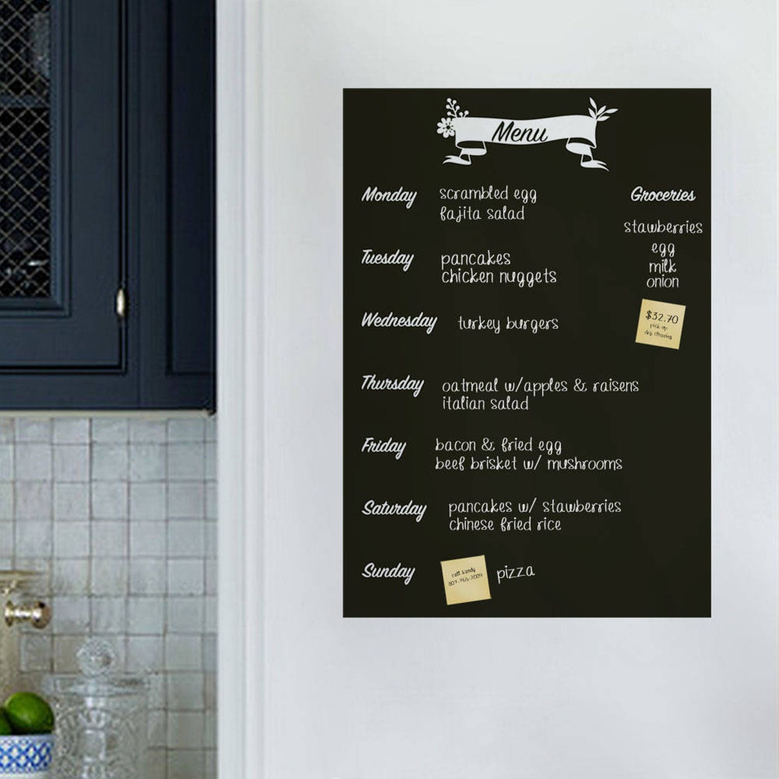 Meal Planner Chalkboard Decal, Menu Wall Decal, Refrigerator Decal, Weekly Menu Planner, Kitchen