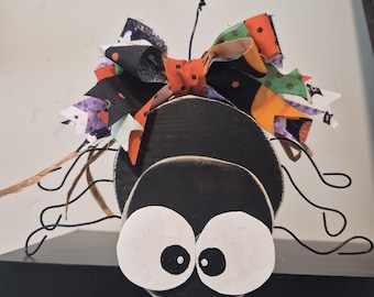 Hand-Painted Wood Spider Halloween Decoration with Fabric Bow