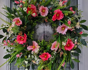 Spring and Summer Door Wreath, Pink and Coral Poppy Floral Front Door Wreath, Housewarming, Mother's Day, Gift for Wife, Spring Wreaths