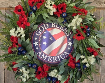 Patriotic Grapevine Wreath, Red White Blue Floral, God Bless America Sign