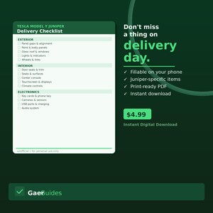 Könnte beinhalten: Eine digitale Checkliste für die Tesla Model Y Juniper-Auslieferung mit Abschnitten für Exterieur, Interieur und Elektronik. Das grün-weiße Design enthält den Text "Verpassen Sie nichts am Liefertag." Es ist am Telefon ausfüllbar, druckfertig und ein Sofort-Download.