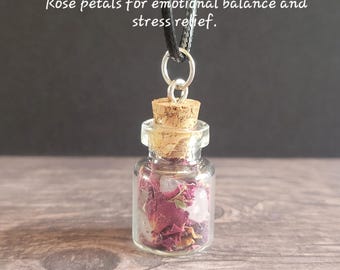 Intention jar necklace, rose quartz and rose petals, self love, crystal chips, homemade, spell jar.