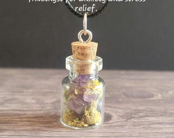 Amethyst Chamomile Intention Jar Necklace, Anxiety Relief Self Love Pendant