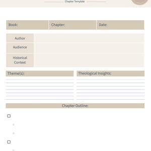 May include: A chapter template from "The Guided Word Co" with sections for book, chapter, date, author, audience, historical context, themes, theological insights, and chapter outline. The design is in beige and white.