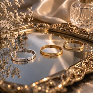 Peut inclure: Trois bagues personnalisées, une argentée et deux dorées, sont présentées sur une surface miroitante. Chaque bague est gravée de noms et d'une date. L'ensemble est mis en valeur par un éclairage doux et des éléments décoratifs.