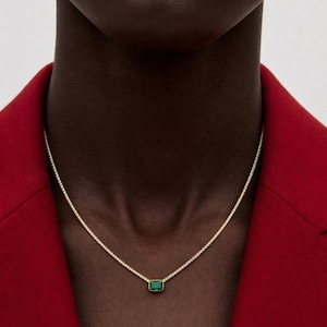Tiny Gold Emerald Green CZ Tennis Necklace,Small Dainty Bridal Necklace,Rectangle Jewel,Golden Link,3mm ,Personalized Birthstone Jewelry