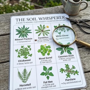 Może przedstawiać: Biały przewodnik ogrodniczy zatytułowany "The Soil Whisperer" z ilustracjami roślin i wskaźnikami glebowymi. Lupa, mała konewka i nożyczki leżą na drewnianej powierzchni.