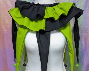Clown Jester Collar Neck Ruff 2 Piece Set Black & Lime Green with bells