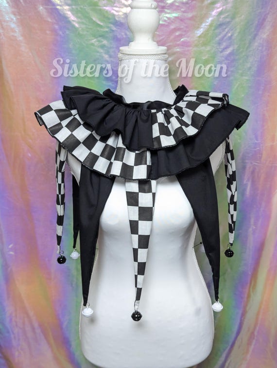 Clown Jester Collar Neck Ruff 2 Piece Set Black & White Checkerboard with bells