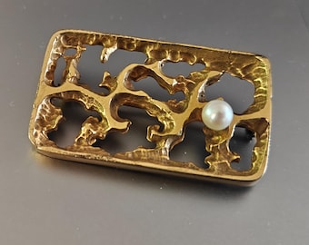 Vintage Modernist Brutalist Tree of Life Pin Brooch Gold Tone With Pearl Mid-Century Modern Unisex