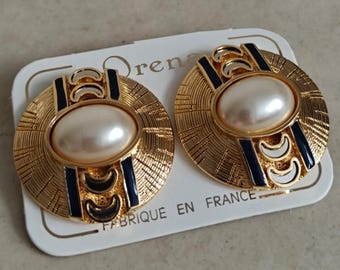 ORENA PARIS Clip-on Earrings Faux Pearls Enamel Gold Plated New Vintage 80s Original Paper Card