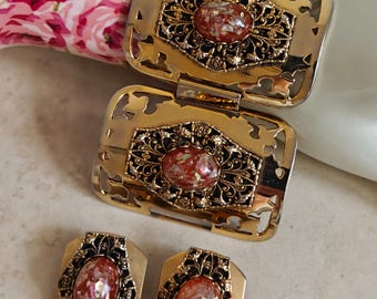 Vintage Selro Selini Lucite Confetti Cabochon Bracelet Earrings Set Gold Tone Retro