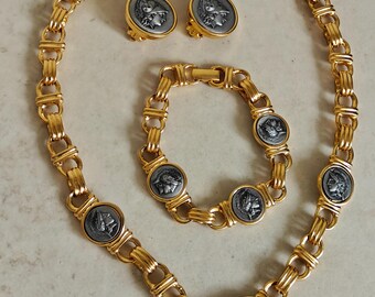 Vintage 90s Gold Plated Coin Medallion Necklace Bracelet Earrings Set