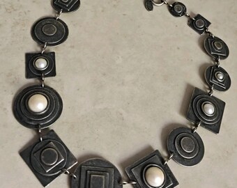 Vintage Modernist Signed Martha Sturdy Vancouver Geometric Links Pewter Necklace Statement