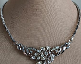 Vintage Trifari Alfred Phillipe Clear Crystal Silver Tone Chocker Necklace Rhodium plated Adjustable
