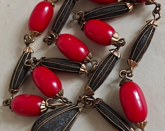 Vintage Red Bakelite Skhab Necklace, Tribal Ethnic Pendant, Gilt Brass Beads