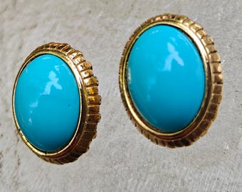 Nina Ricci Paris Earrings Turquoise Glass Cabochon Pierced Gold Plated Vintage 80s