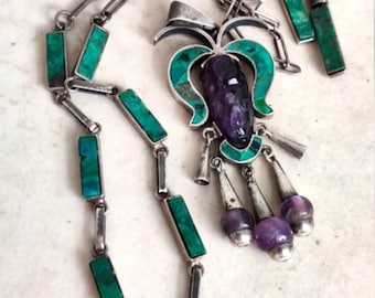 Vintage Taxco Jose Marmolejo Aztec Warrior Jewelry Set Necklace Pendant Earrings