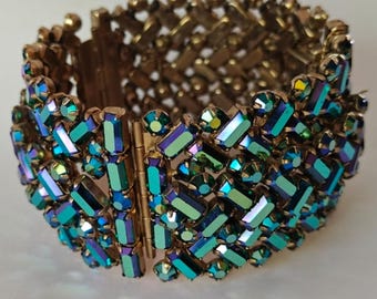 Signed Sherman Iridescent Crystal Rigid Cuff Bracelet – Vintage 60s