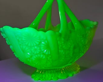 Davidson Primrose Lady Chippendale Basket Vaseline Uranium Opalescent Glass Victorian 1900s