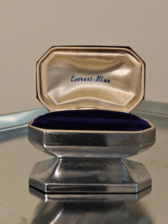 Antique Art Deco Silver Tone Metal and Blue Velvet Pedestal Ring Box Presentation Box