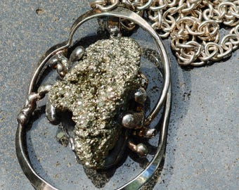 Modernist Brutalist Denmark Biomorphic Druzy Pyrite Pendant Silver Tone