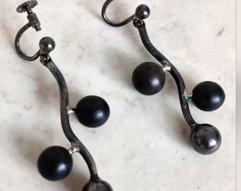 Carl Johan Antonsen Sterling Silver Ebony Wood Dangle Earrings – Danish Mid-Century Modern Futuristic