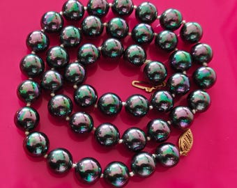 Vintage Hand-Knotted Tahitian Glass Pearls Necklace, 14K Gold Clasp