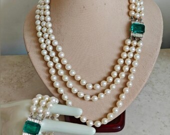 Exquisite Vendome Necklace, Bracelet and Earrings Jewelry Set: Flawed Emerald Triple Strand Glass Pearls The Look of Pearl