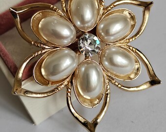 Richard Serbin Yellow Gold-Tone Flower Brooch with Faux Pearls, Crystal Center
