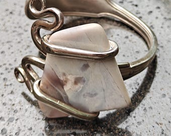 Modernist Brutalist Cristofle Paris Upcycled Fork Cuff Bracelet Marble Stone MCM OOAK