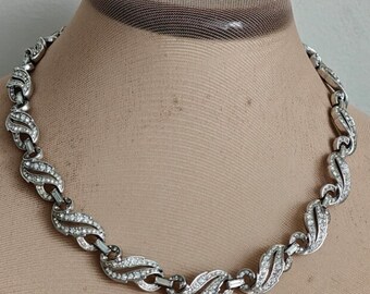 Vintage Trifari Alfred Phillipe Clear Crystal Silver Tone Chocker Necklace Rhodium Plated Adjustable Retro