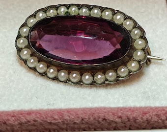 Antique Victorian Amethyst Paste Stone and Seed Pearls Tiny Pin Brooch Sterling Silver