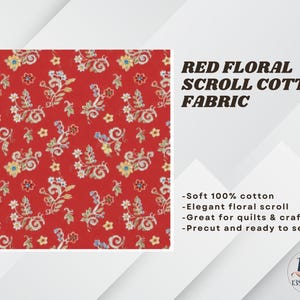 May include: A red cotton fabric featuring a repeating floral scroll pattern in yellow, blue, and white. The text reads: RED FLORAL SCROLL COTTON FABRIC, Soft 100% cotton, Elegant floral scroll, Great for quilts & crafts, Precut and ready to sew, 13ShopperID.