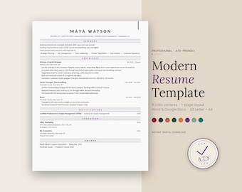 May include: A modern resume template with a minimalist design. The resume is white with black text and purple accents. The template includes sections for experience, education, and awards. The text "Modern Resume Template" is displayed in a large font.