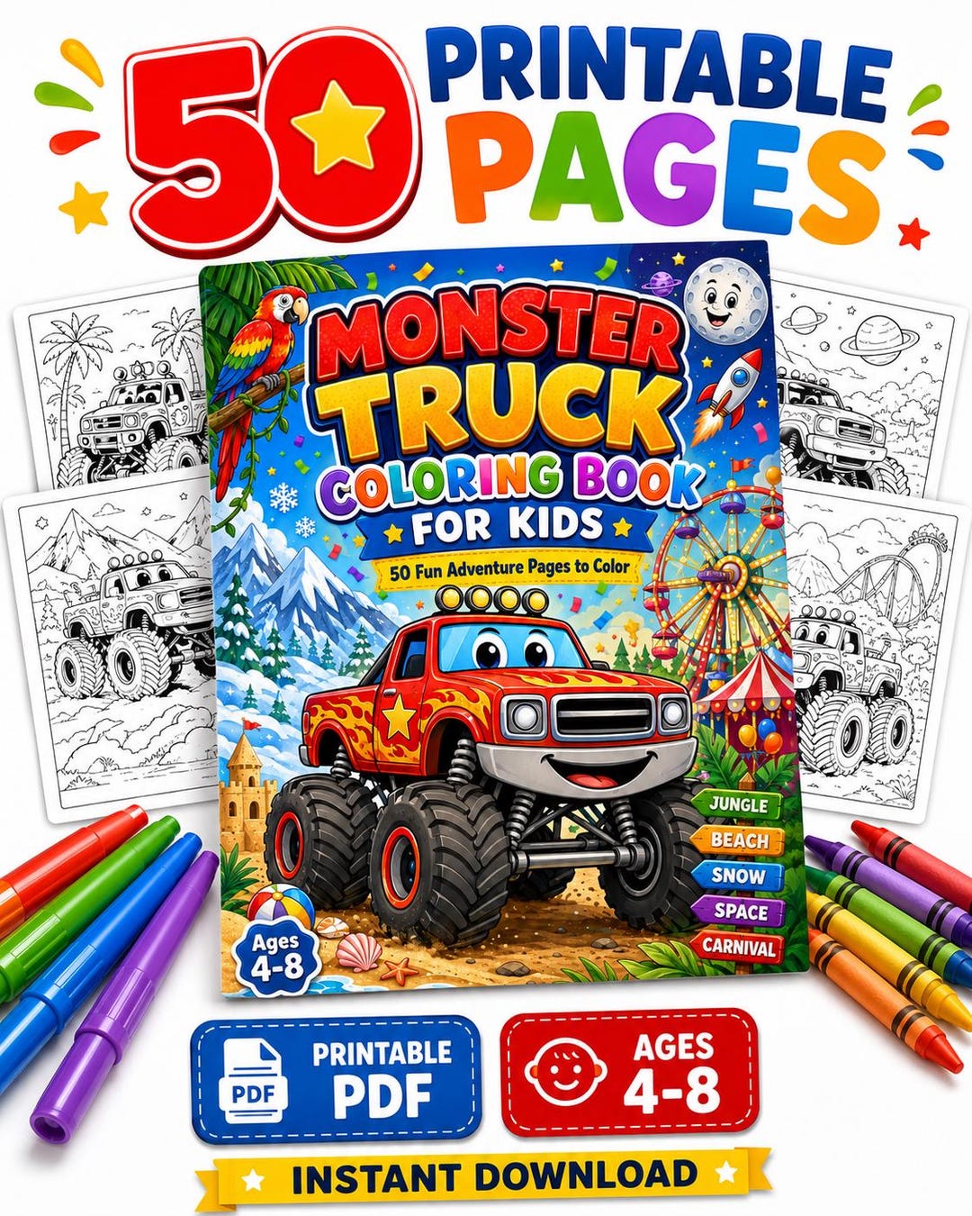 Monster Truck Coloring Book for Kids, 50 Adventure Pages, Ages 4-8 ...
