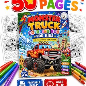 May include: A children's coloring book titled "Monster Truck Coloring Book For Kids" with 50 printable pages. The cover shows a cartoon monster truck, a parrot, and a Ferris wheel. The image also includes crayons and the text "Ages 4-8".