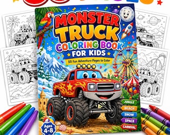 May include: A colorful children's coloring book titled "Monster Truck Coloring Book For Kids" with 50 printable pages. The cover features a cartoon monster truck, a parrot, and a Ferris wheel. The image also includes crayons and the text "Ages 4-8".