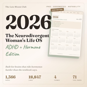 May include: Digital planner for 2026, titled "The Neurodivergent Woman's Life OS ADHD + Hormone Edition." The design features a calendar view and key statistics: 1,366 pages, 18,847 links, 4 themes, and 71 tool pages. The Late Bloom Club.