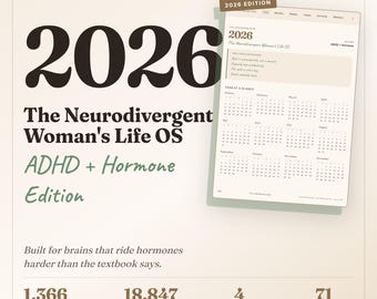 May include: Digital planner for 2026, titled "The Neurodivergent Woman's Life OS ADHD + Hormone Edition." The design features a calendar view and key statistics: 1,366 pages, 18,847 links, 4 themes, and 71 tool pages. The Late Bloom Club.