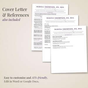 May include: Three white resume templates with the name "Marina Thompson, RN, BSN" are displayed. The resumes include sections for summary, experience, and references. Text on the left reads "Cover Letter & References also included."